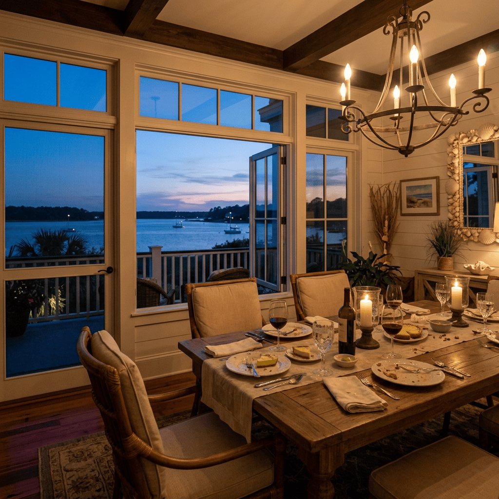 Candlelit dining room with dinner table overlooking boats on a waterfront at twilight