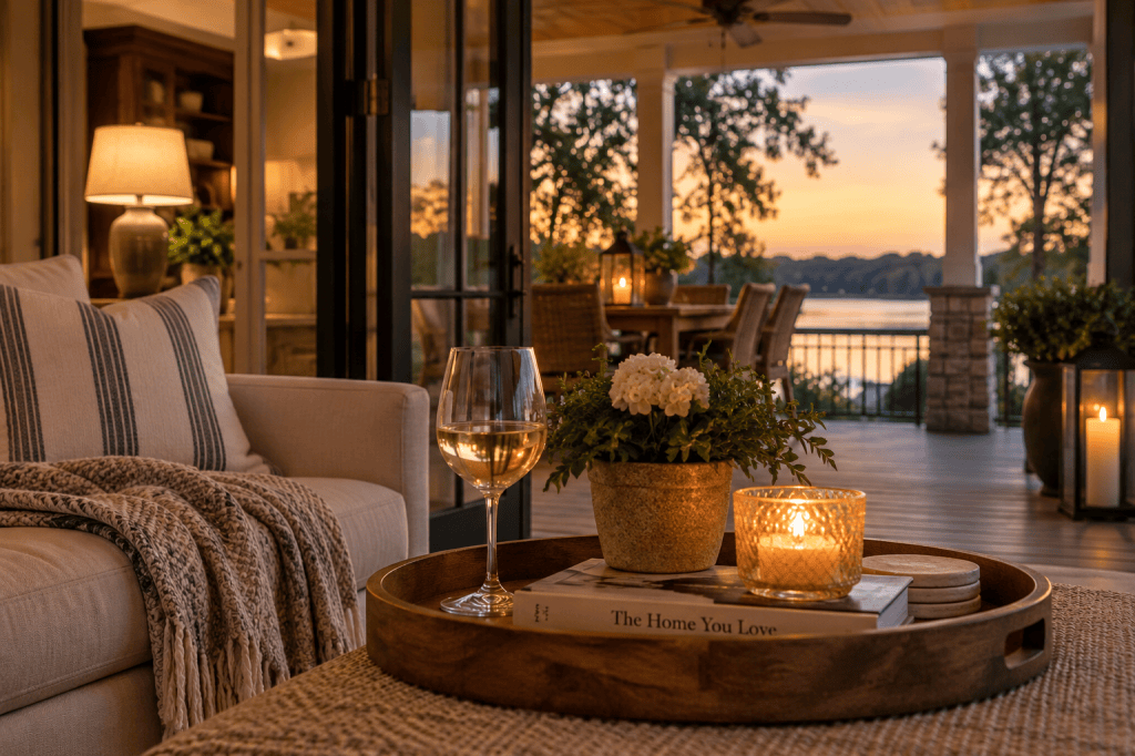 Warm Friday evening at home with a wooden tray, glass of wine, candlelight and an open porch overlooking the water at sunset.