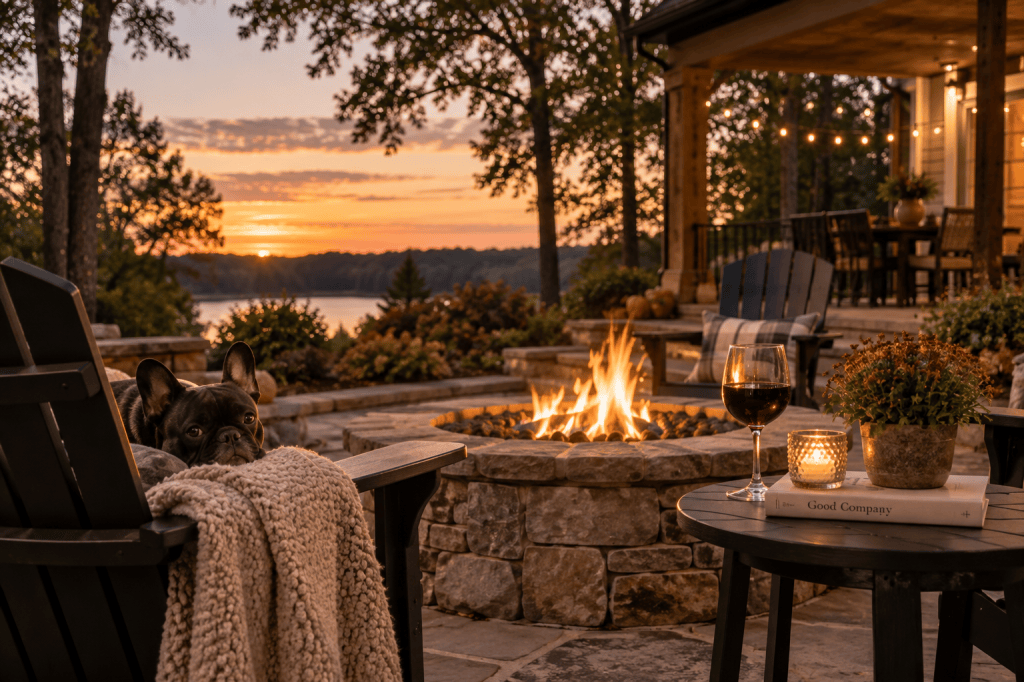 Cozy fall evening by a backyard fire pit with a French bulldog, glass of wine and sunset over the water.