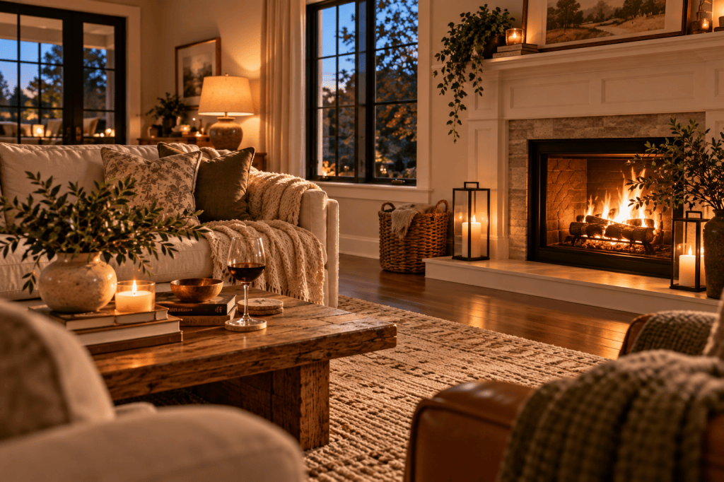 Cozy finished living room on a fall evening with a glowing fireplace, warm lamps, layered blankets and a glass of wine.