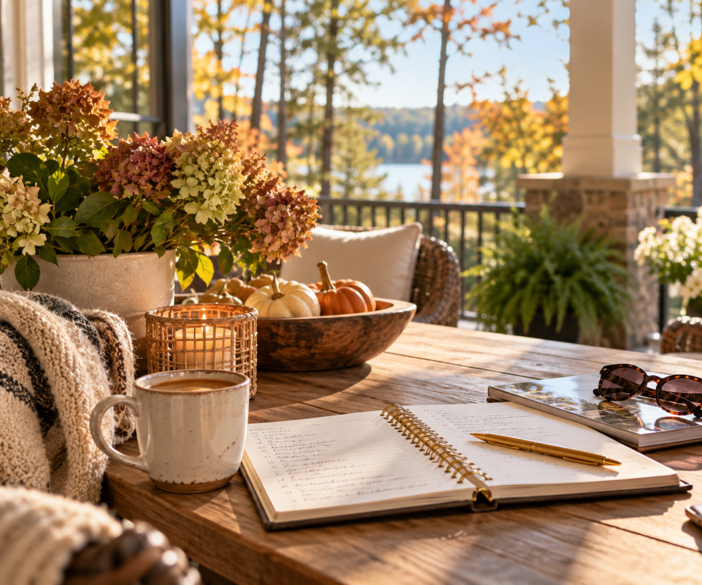 Fall morning on a porch with coffee and an open notebook, creating a quiet moment to think about what comes next.