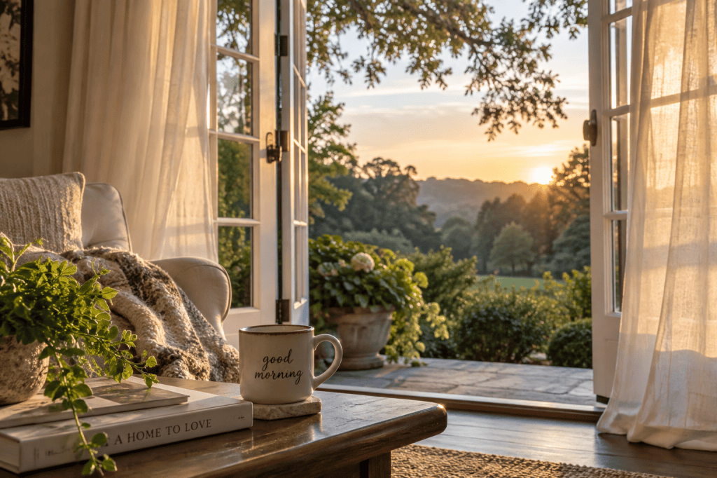 Early fall morning at home with open French doors, soft sunrise light, a cozy throw and coffee overlooking the trees.