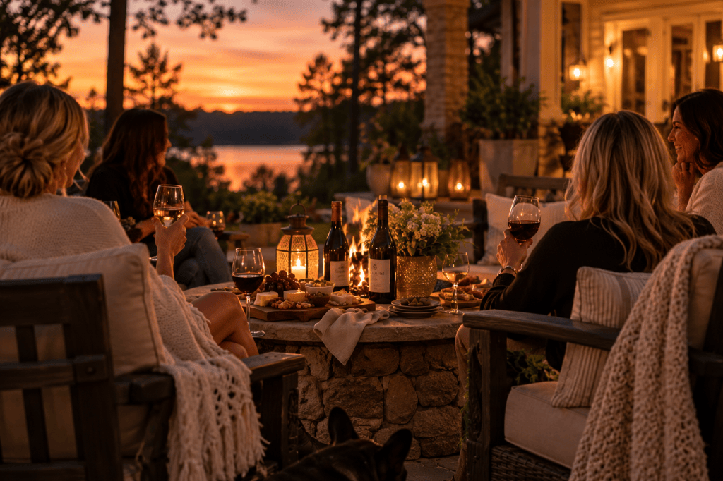 Friends gathered around a fire pit at sunset with wine and simple snacks overlooking the water.