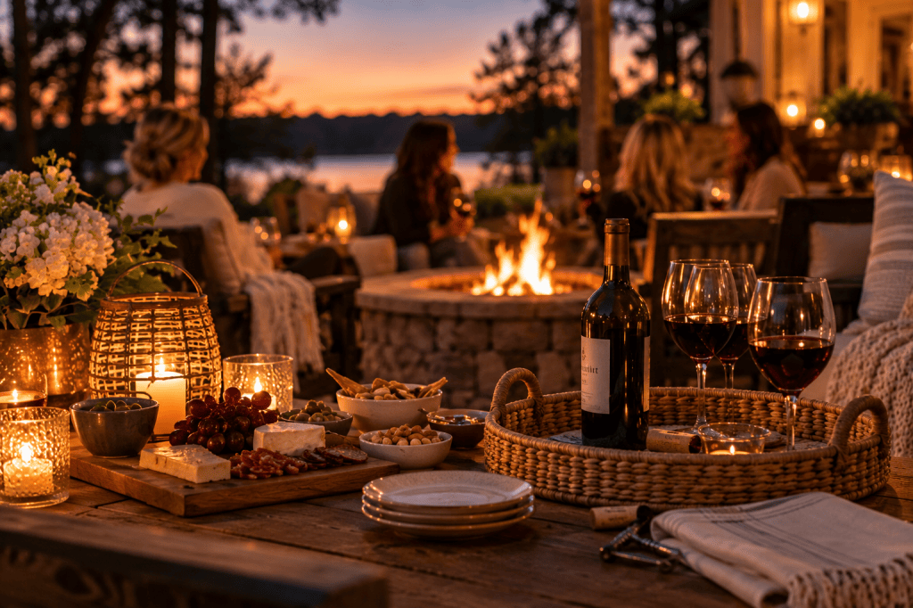 Friends gathered around a backyard fire pit at sunset with wine, simple snacks and warm candlelight.