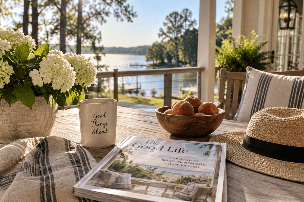 Slow weekend morning on a Southern lakefront porch with coffee, fresh peaches, hydrangeas and morning sunlight.