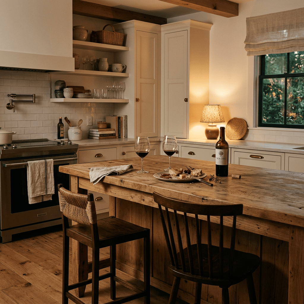 Warm Southern kitchen with a wood island, wine glasses and appetizers after an evening gathering