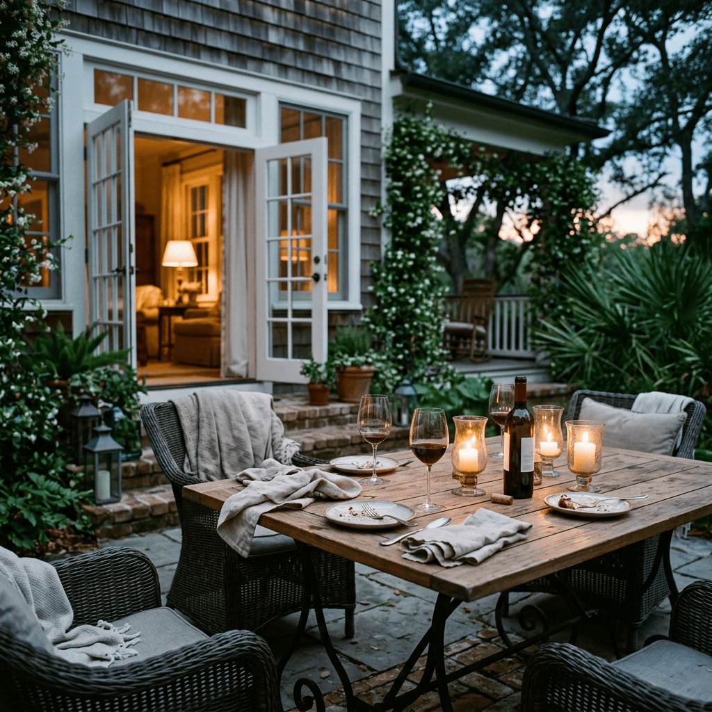 Outdoor table after an evening gathering with wine glasses, candles and open doors glowing at dusk.