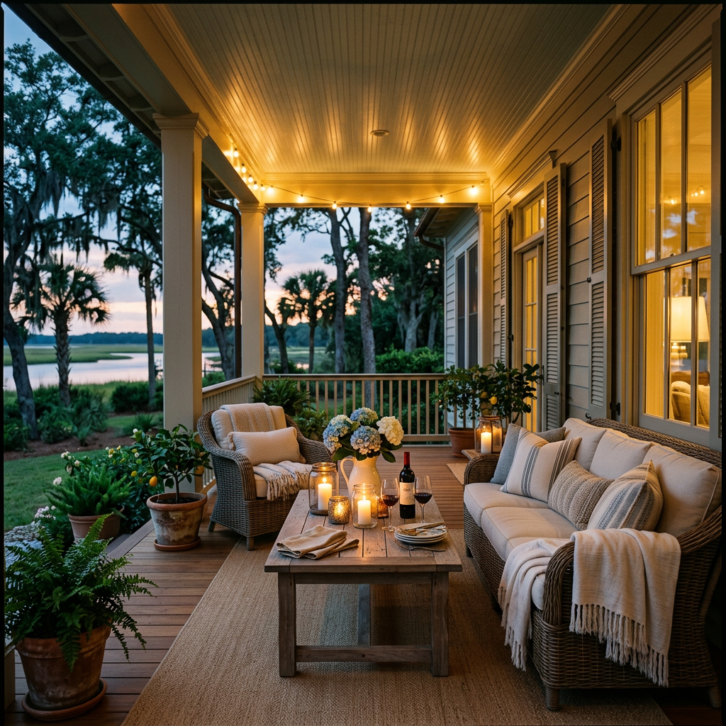 Warmly lit porch with wicker seating, candles, flowers, and marsh view