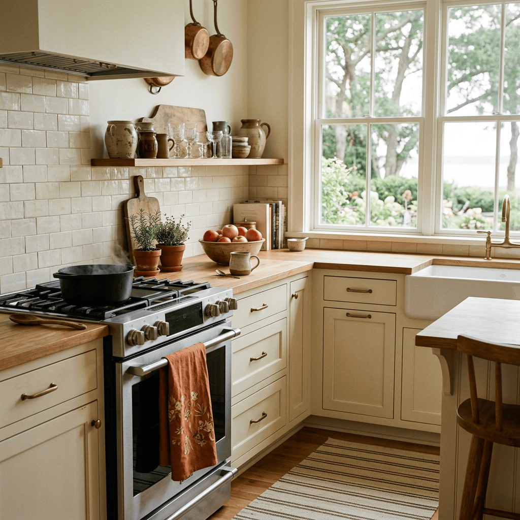 Bright farmhouse kitchen with stove, cookware, wooden counters, and window view