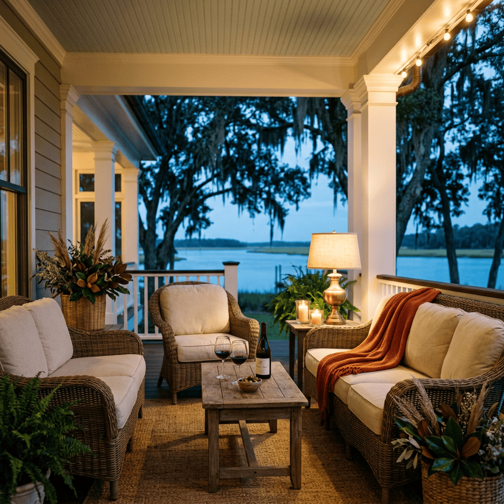 Warmly lit porch with wicker seating overlooking a lake at dusk