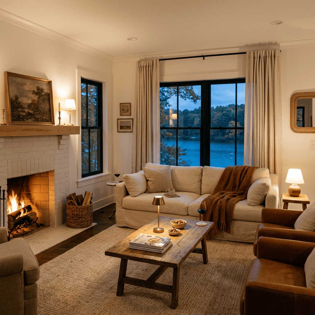 Cozy living room with fireplace, sofa, coffee table, and lake view