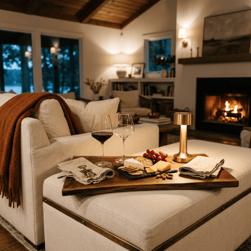 Wine, cheese, and grapes arranged on a tray in a cozy living room