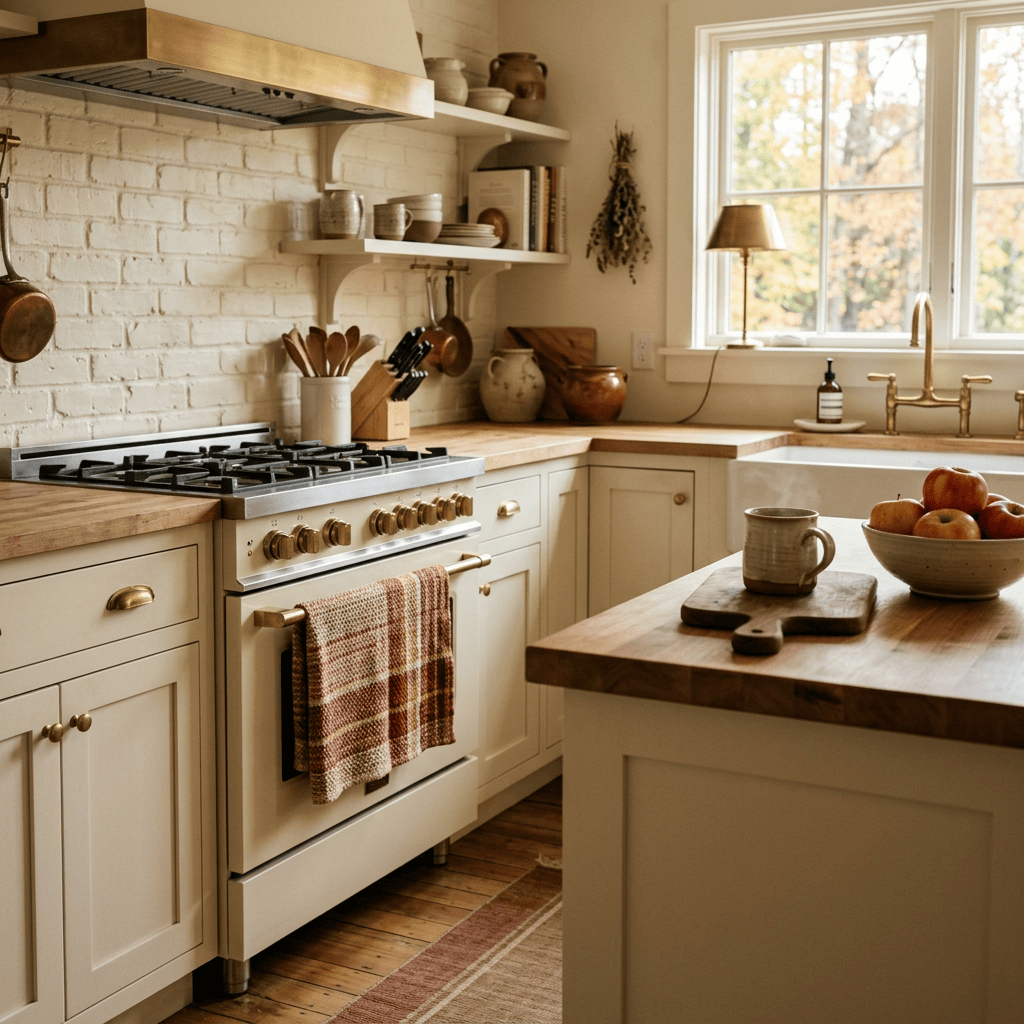 Sunlit farmhouse kitchen with stove, island, sink, open shelves, and apples