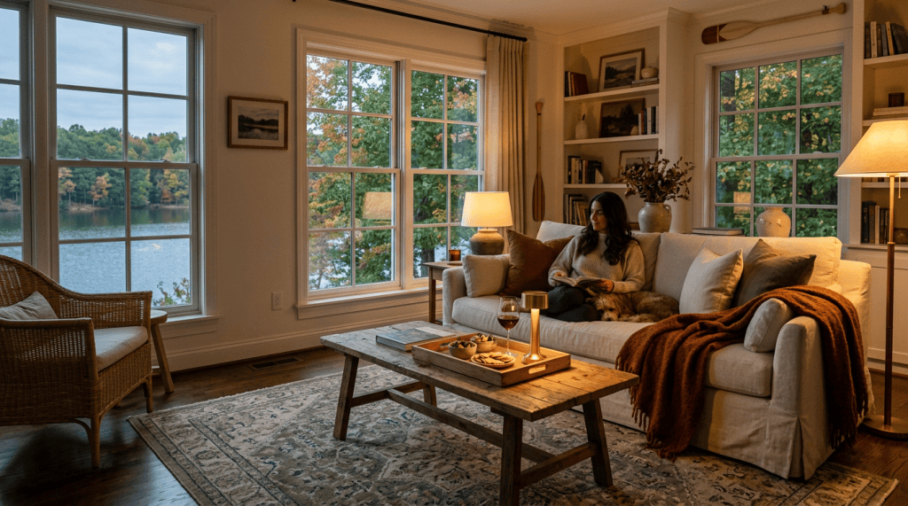 Woman reading on a sofa beside a dog in a lakeside living room