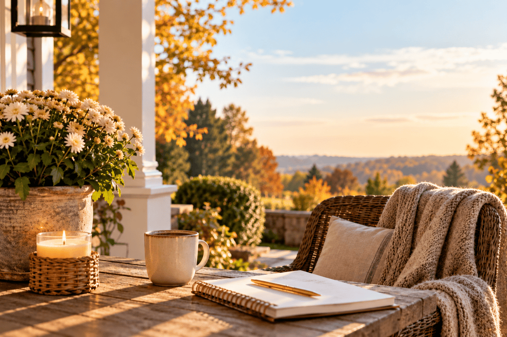 Fall porch with coffee and a notebook overlooking autumn trees
